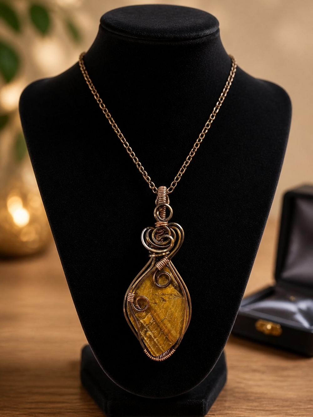 Handcrafted Copper Wire-Wrapped Tigers Eye  Gemstone Pendant Necklace